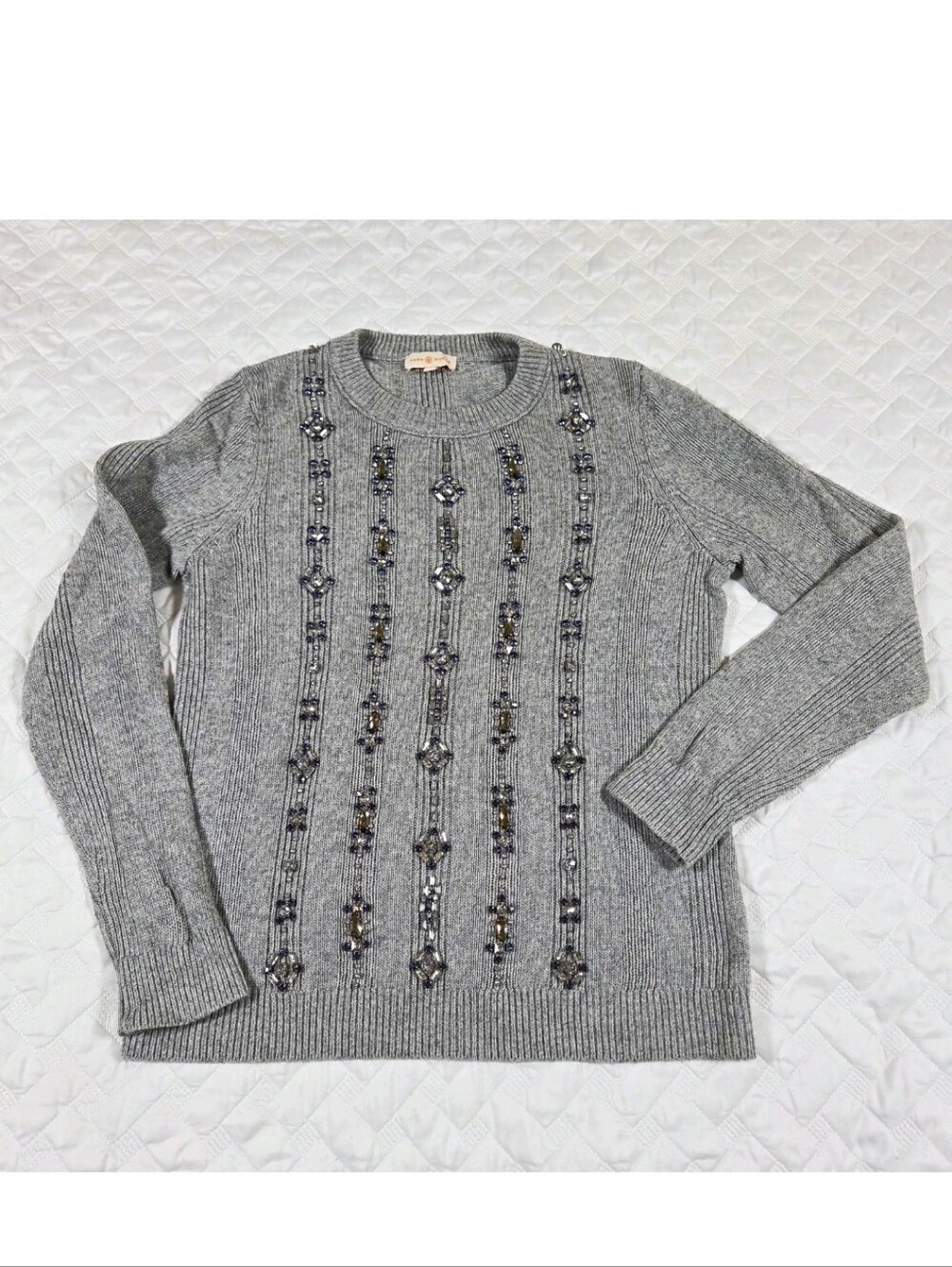 Tory Burch Gray Ribbed Knit Embellished Crystal Gem Sweater Pullover Women’s XL